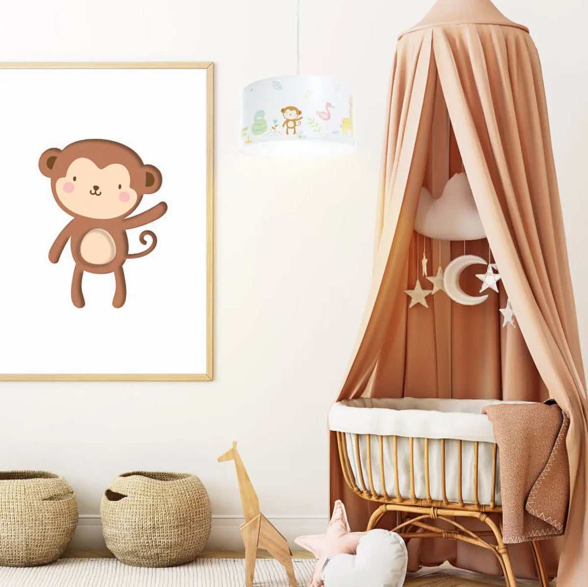 Suspension enfant blanche aux singes, décor savane vert clair