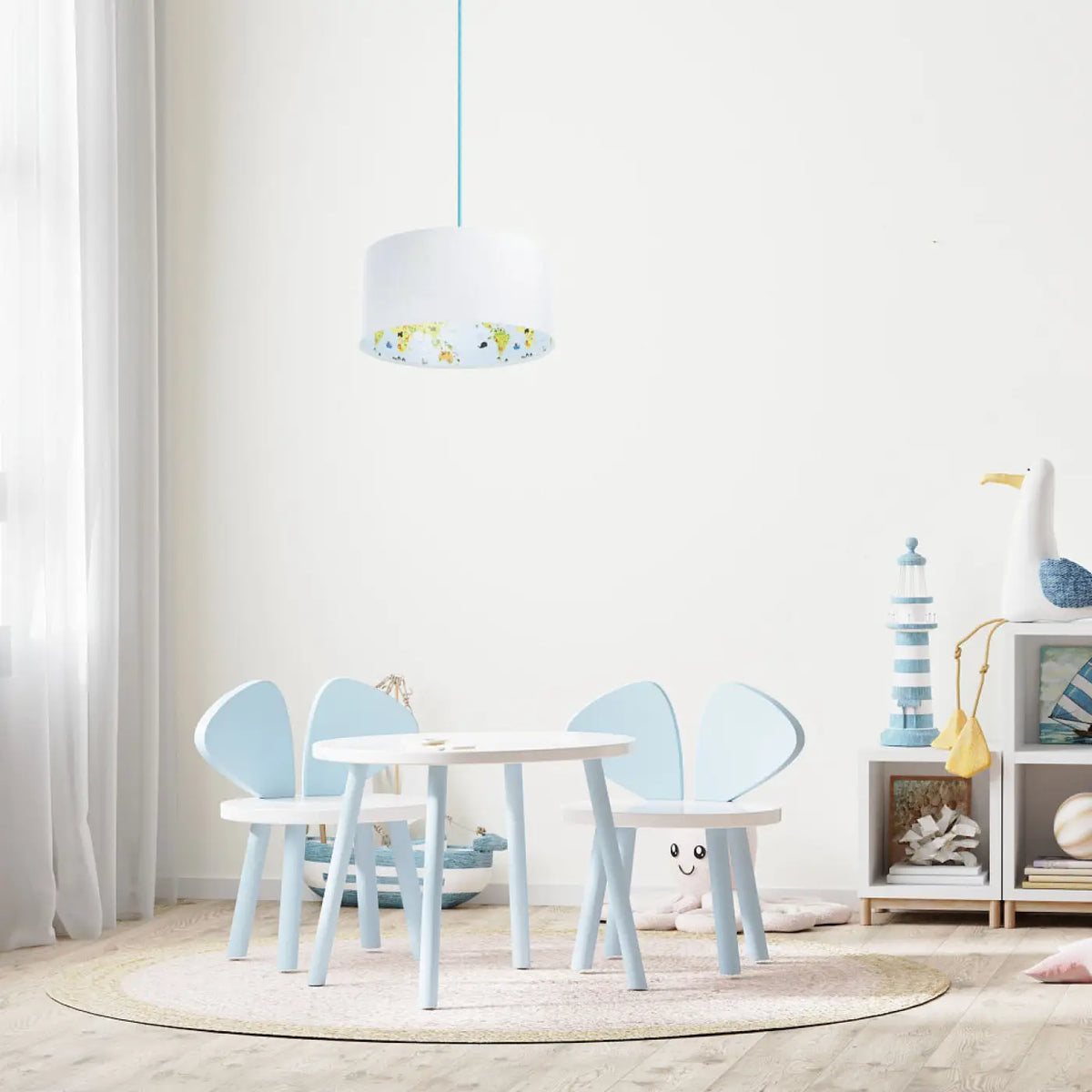 Suspension enfant en tissu, carte du monde à l'intérieur, bleu