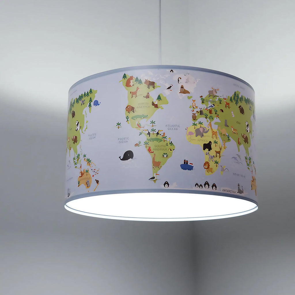 Suspension enfant carte du monde colorée, abat-jour cylindrique