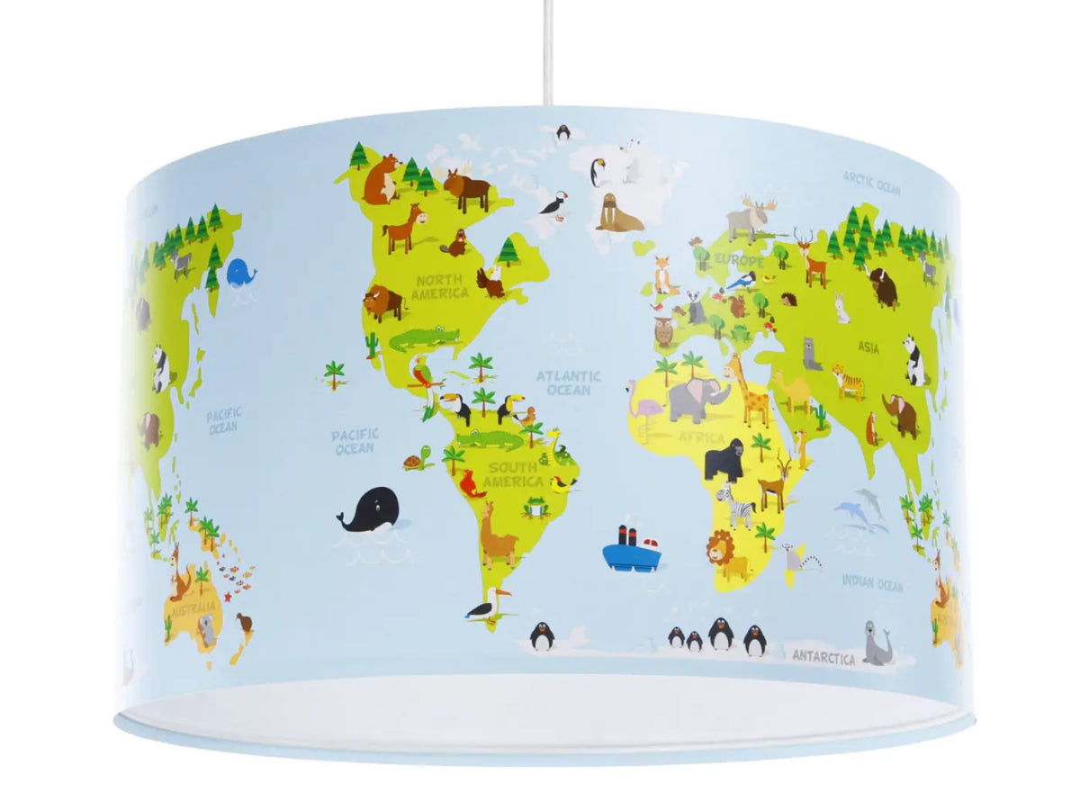 Suspension enfant carte du monde colorée, abat-jour cylindrique