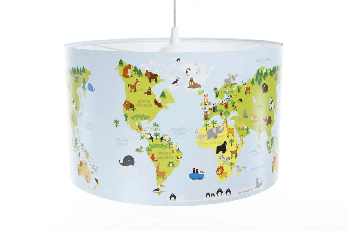 Suspension enfant carte du monde colorée, abat-jour cylindrique