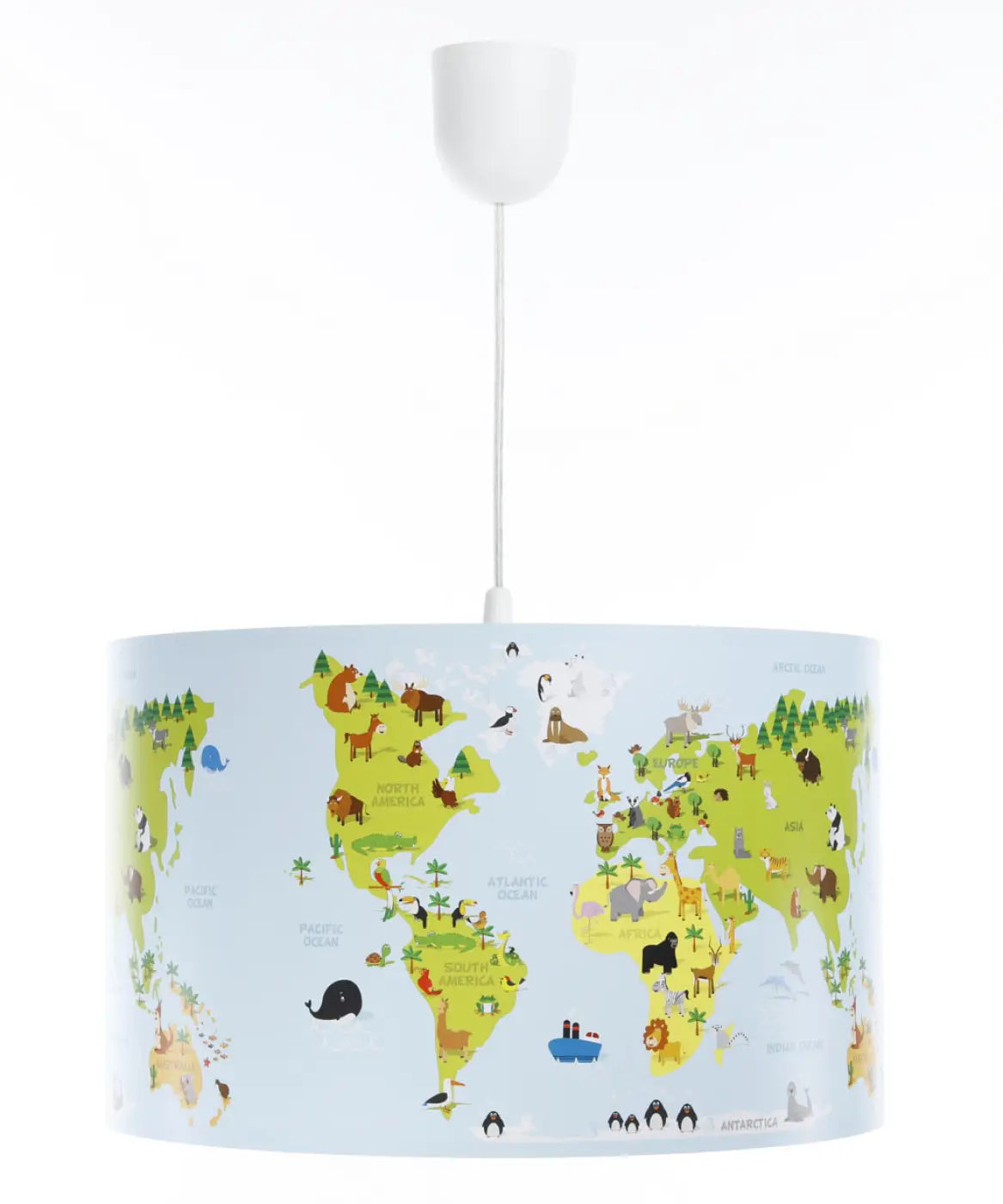 Suspension enfant carte du monde colorée, abat-jour cylindrique