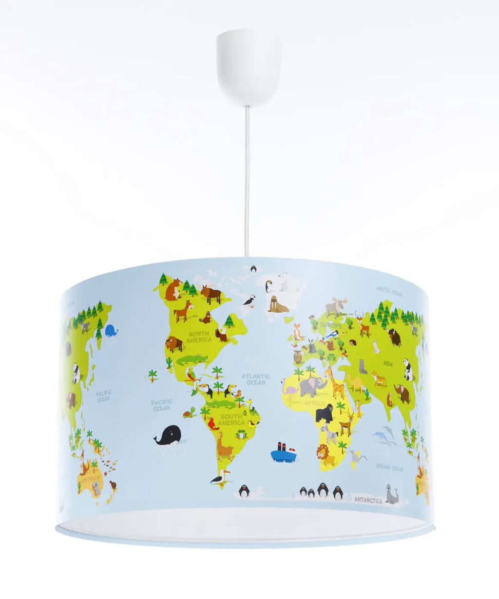 Suspension enfant carte du monde colorée, abat-jour cylindrique