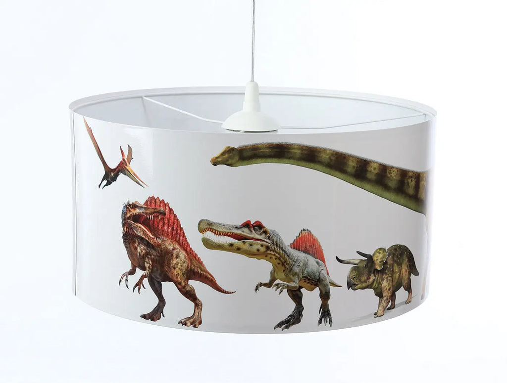 Suspension enfant cylindrique blanche, décor dinosaures