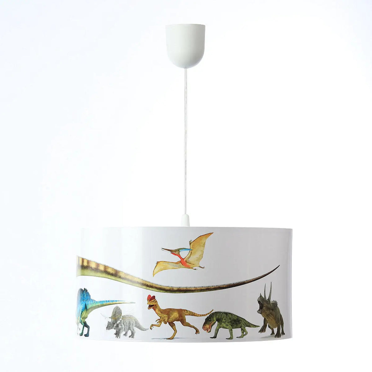 Suspension enfant cylindrique blanche, décor dinosaures