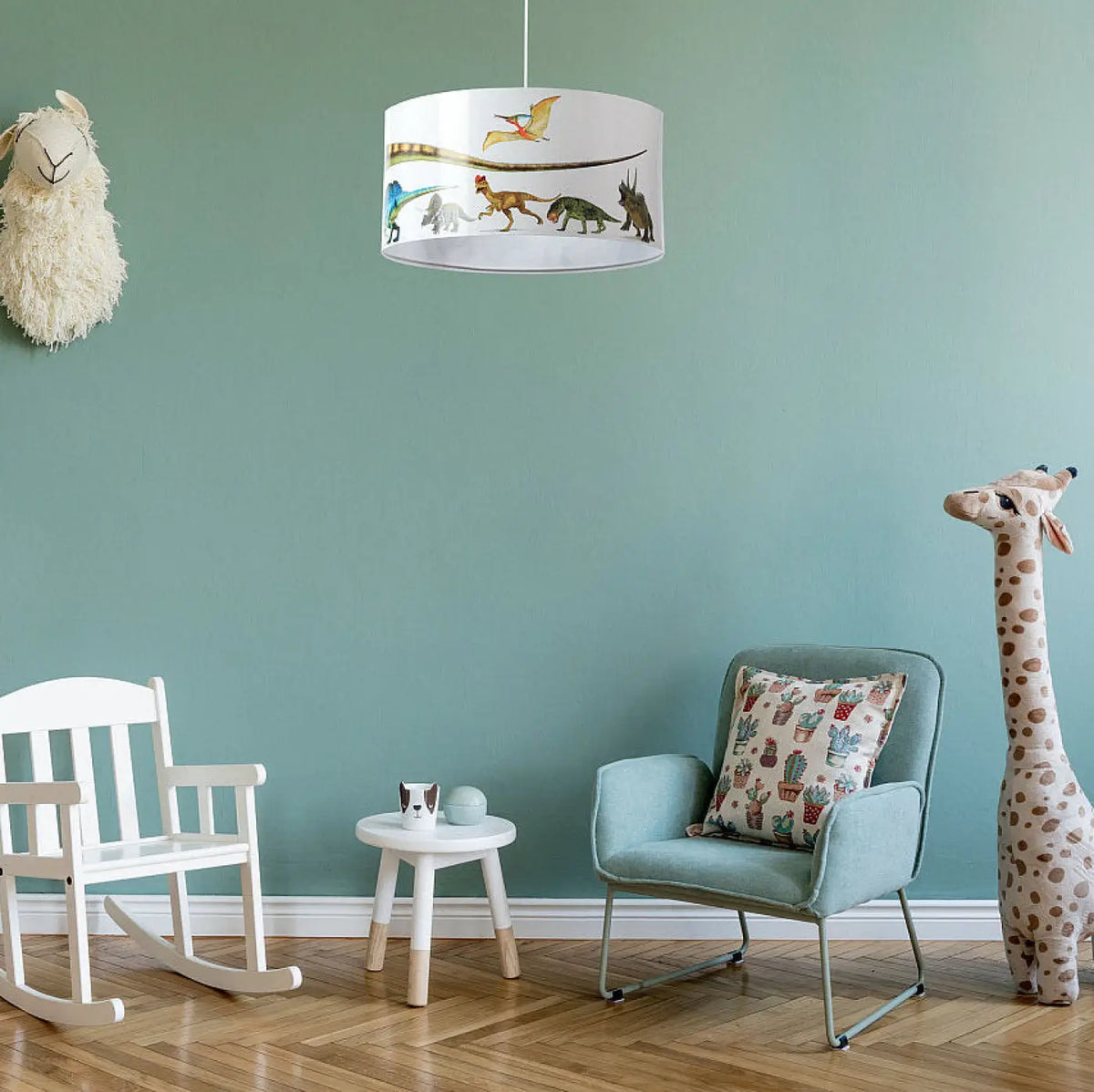 Suspension enfant cylindrique blanche, décor dinosaures