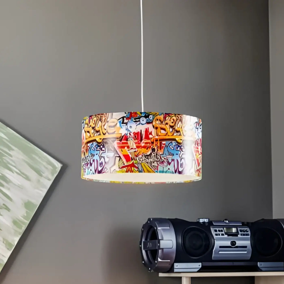 Suspension enfant graffiti multicolore, abat-jour cylindrique