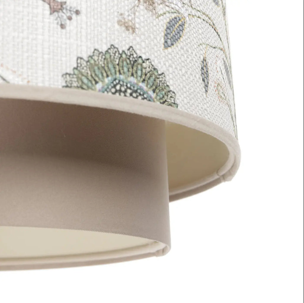 Suspension en tissu fleuri beige, crème et écru, double abat-jour