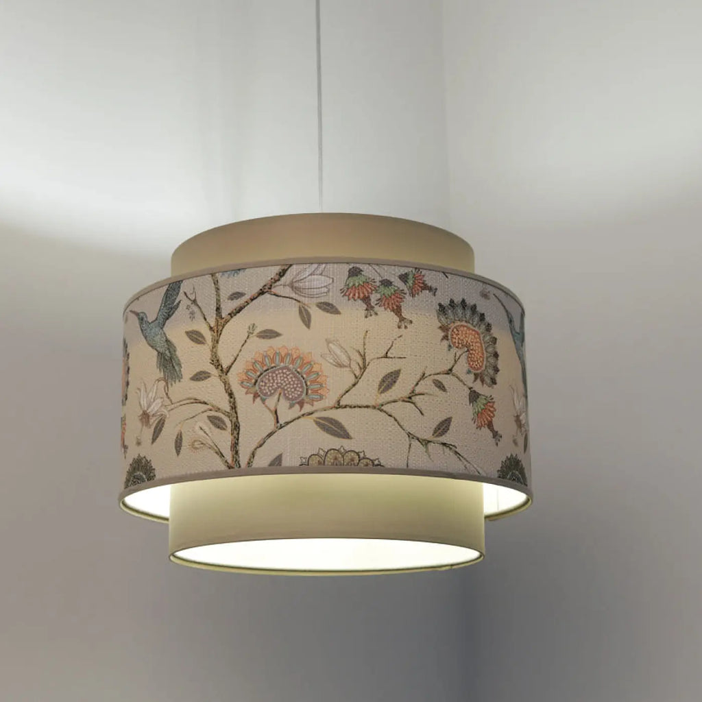 Suspension en tissu fleuri beige, crème et écru, double abat-jour