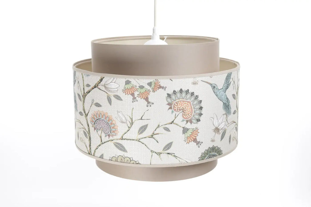 Suspension en tissu fleuri beige, crème et écru, double abat-jour