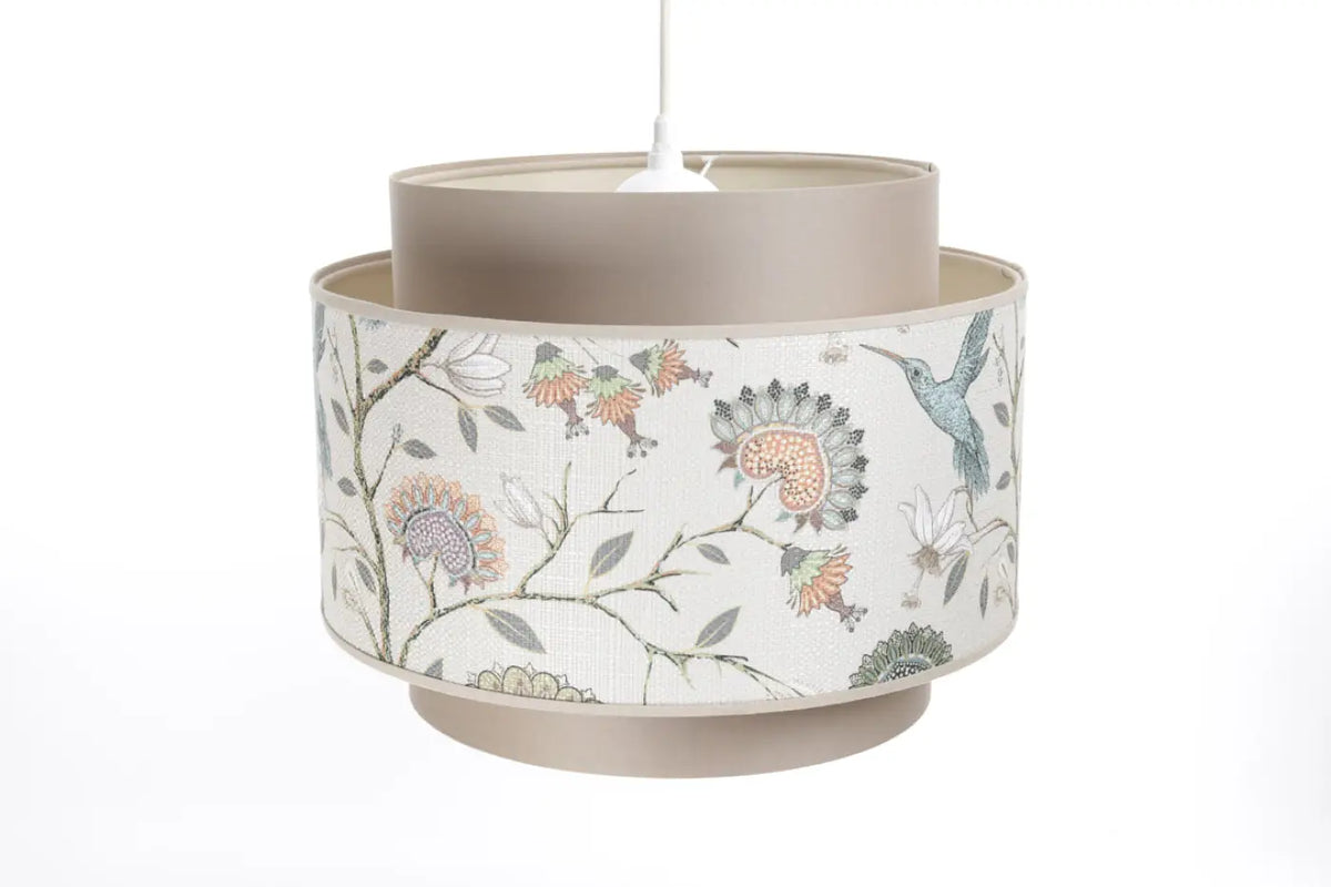 Suspension en tissu fleuri beige, crème et écru, double abat-jour