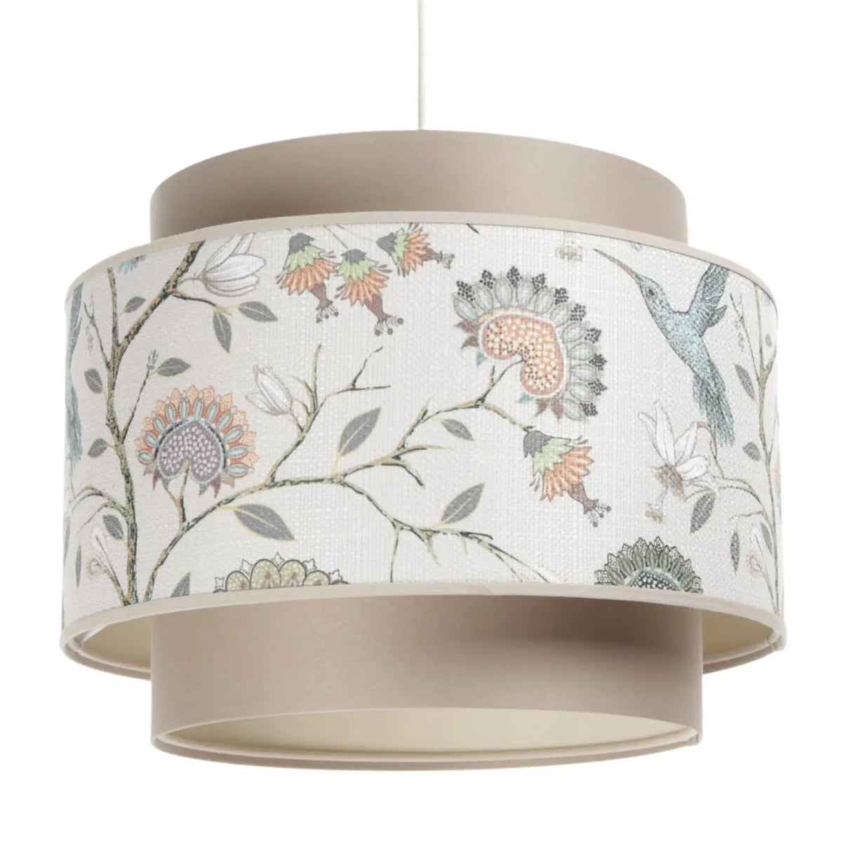 Suspension en tissu fleuri beige, crème et écru, double abat-jour