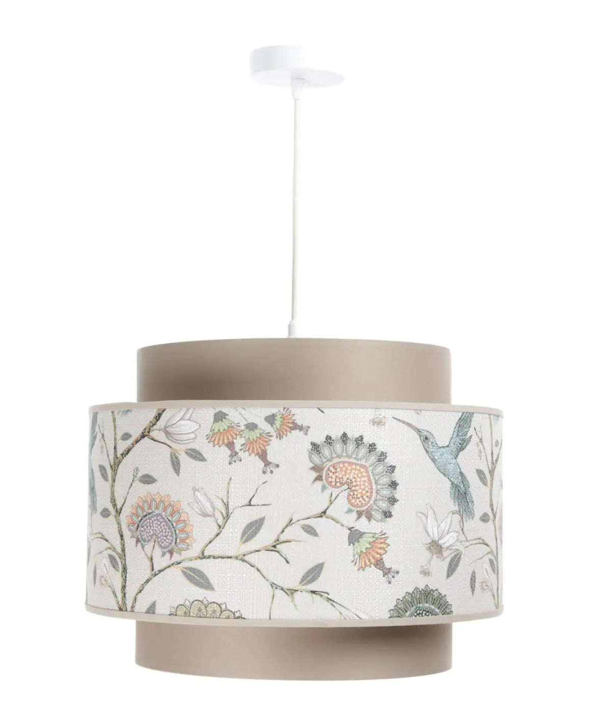 Suspension en tissu fleuri beige, crème et écru, double abat-jour