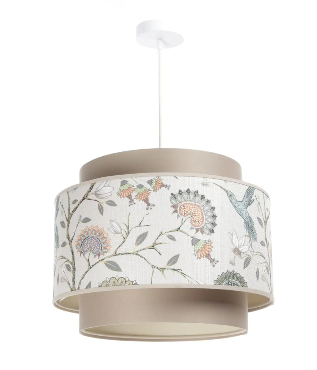 Suspension en tissu fleuri beige, crème et écru, double abat-jour
