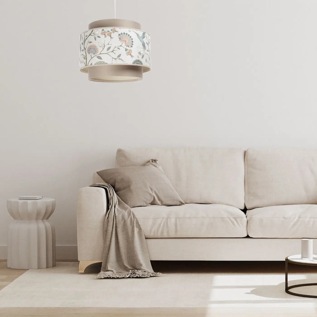 Suspension en tissu fleuri beige, crème et écru, double abat-jour