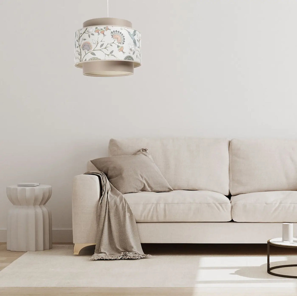 Suspension en tissu fleuri beige, crème et écru, double abat-jour