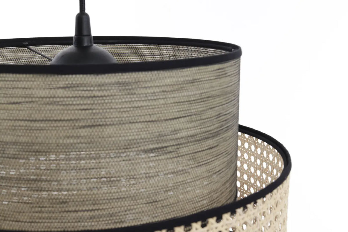 Suspension en rotin tressé gris et beige, cylindres superposés