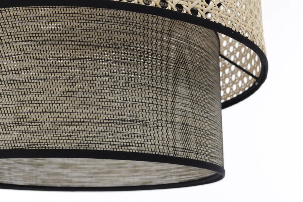 Suspension en rotin tressé gris et beige, cylindres superposés