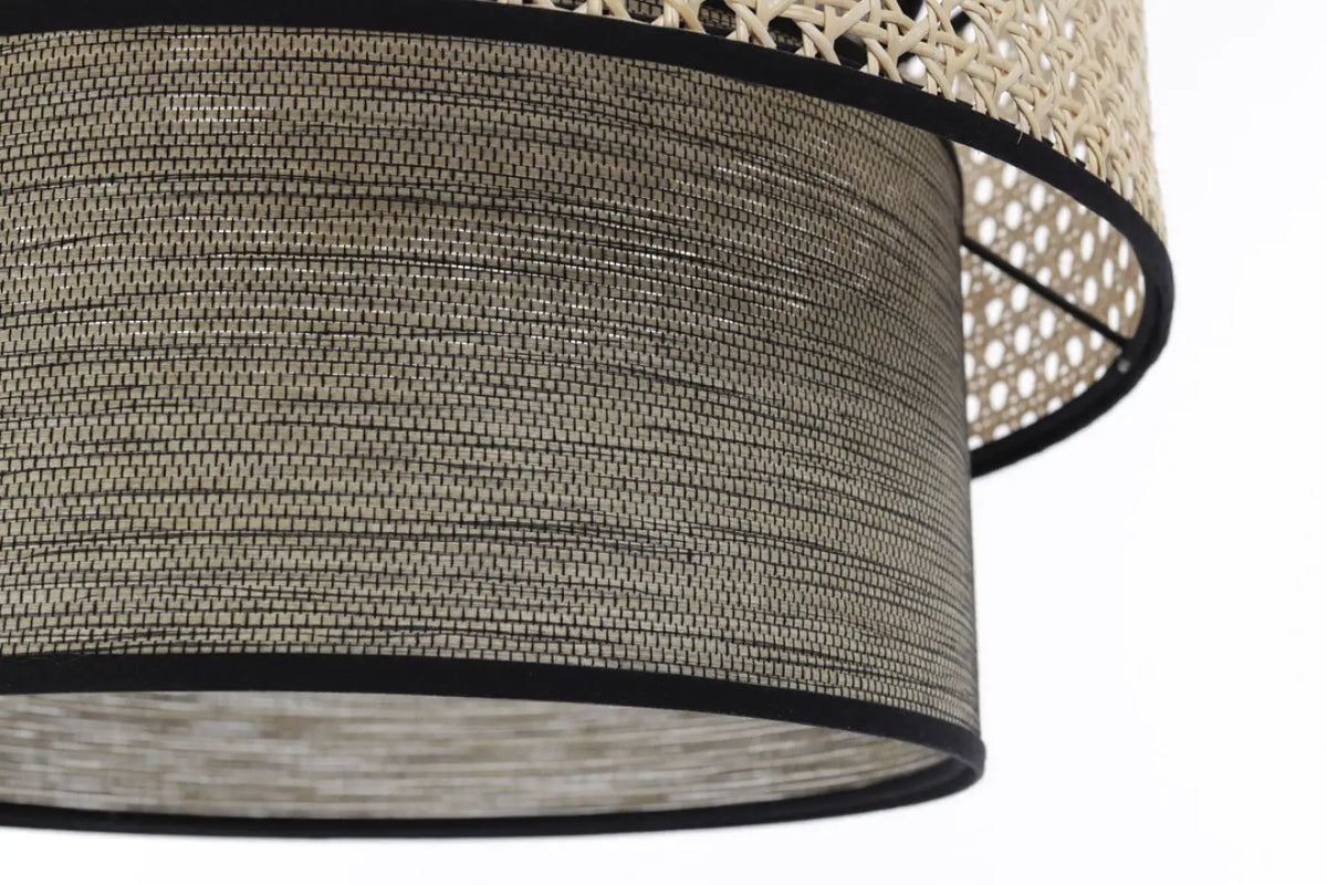 Suspension en rotin tressé gris et beige, cylindres superposés