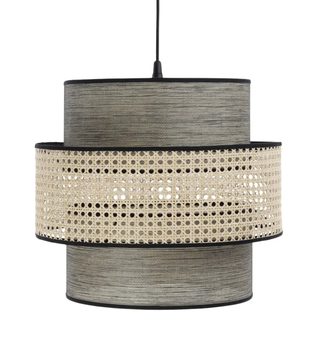 Suspension en rotin tressé gris et beige, cylindres superposés