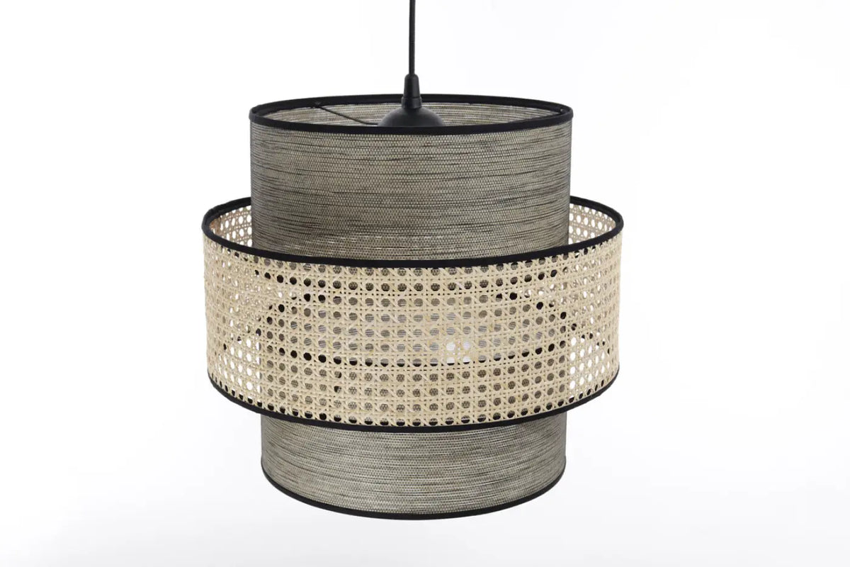 Suspension en rotin tressé gris et beige, cylindres superposés