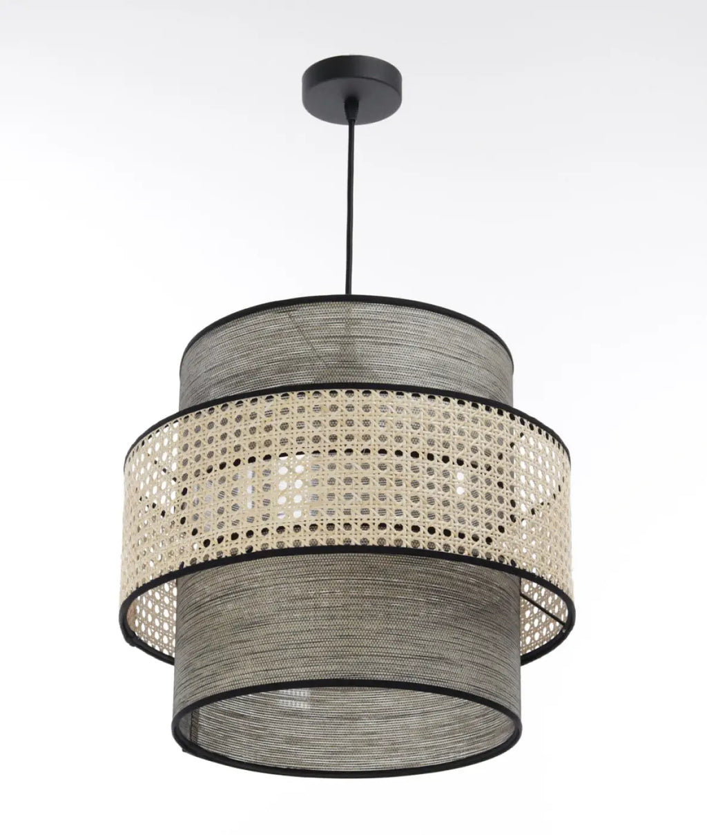 Suspension en rotin tressé gris et beige, cylindres superposés