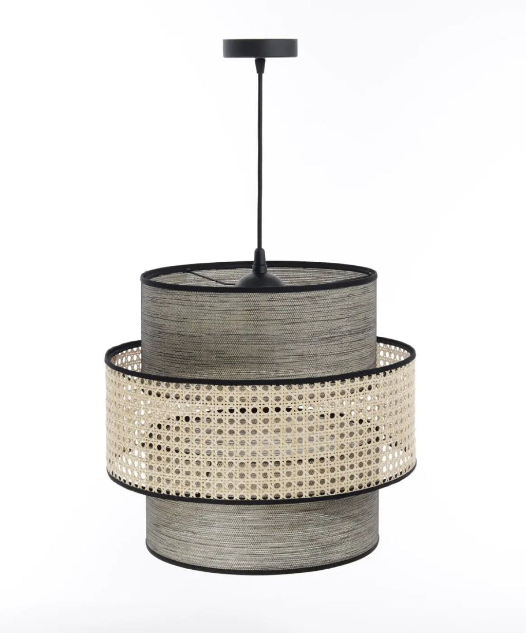 Suspension en rotin tressé gris et beige, cylindres superposés