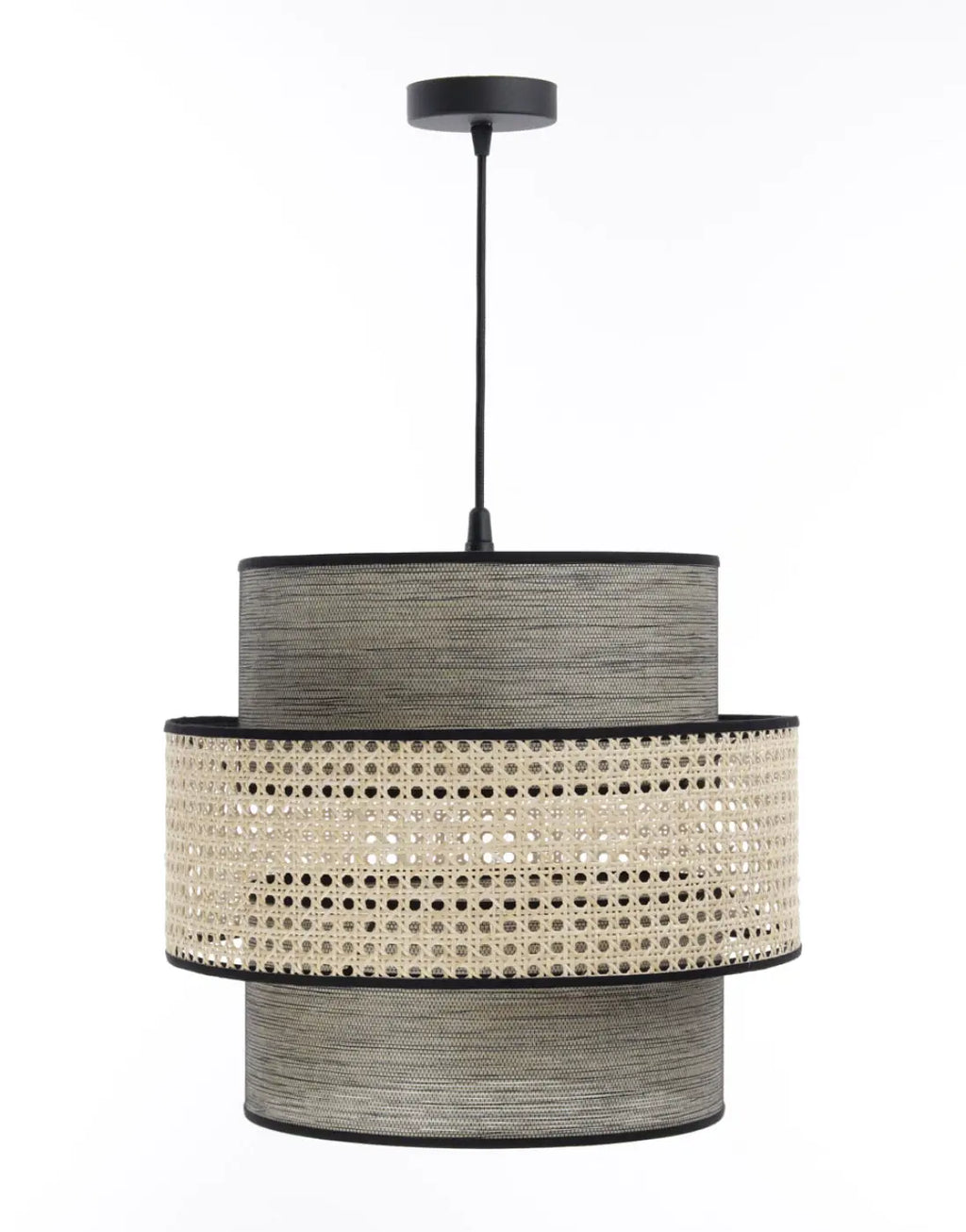 Suspension en rotin tressé gris et beige, cylindres superposés