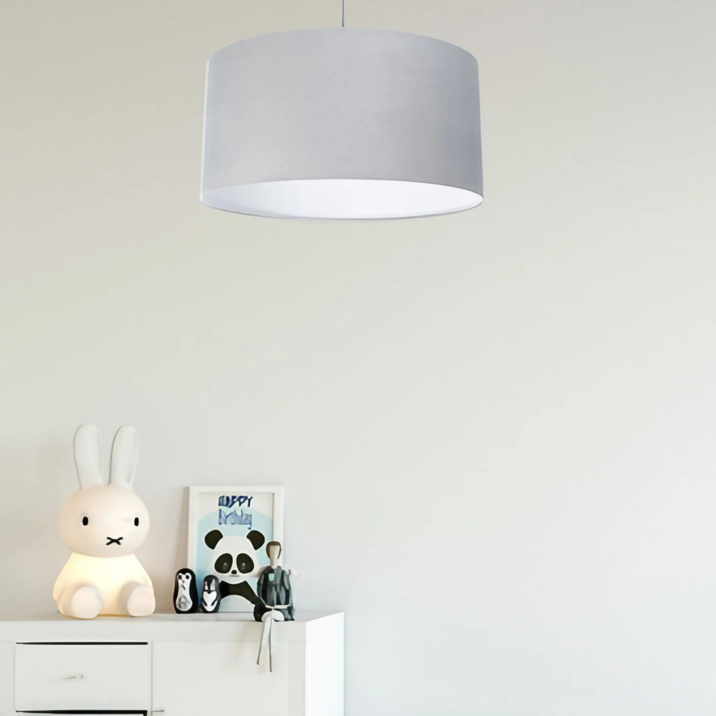 Suspension cylindrique en tissu gris clair, intérieur blanc