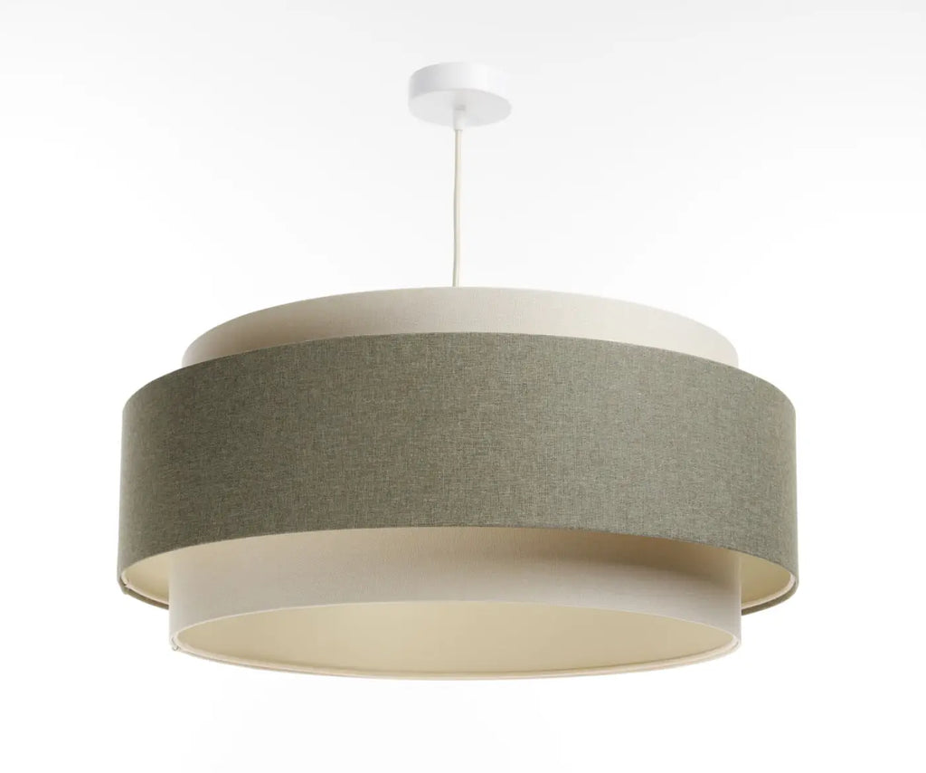 Suspension à double abat-jour en tissu gris vert, crème et écru