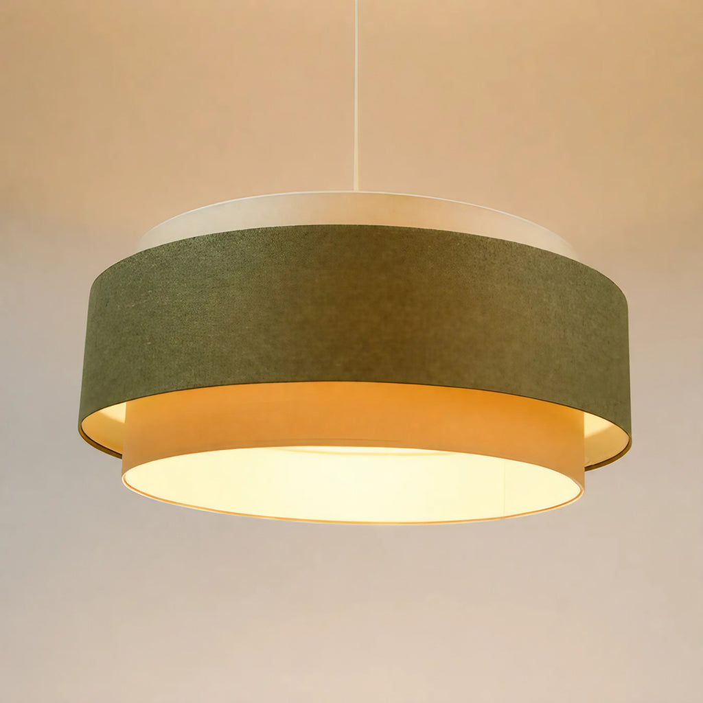 Suspension à double abat-jour en tissu gris vert, crème et écru