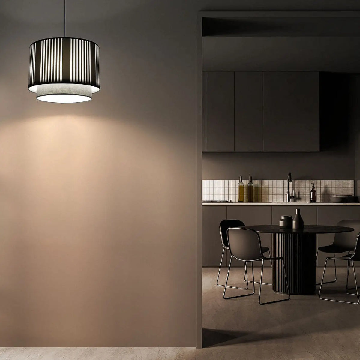 Suspension cylindre en tissu gris à abat-jour double, S, M ou L
