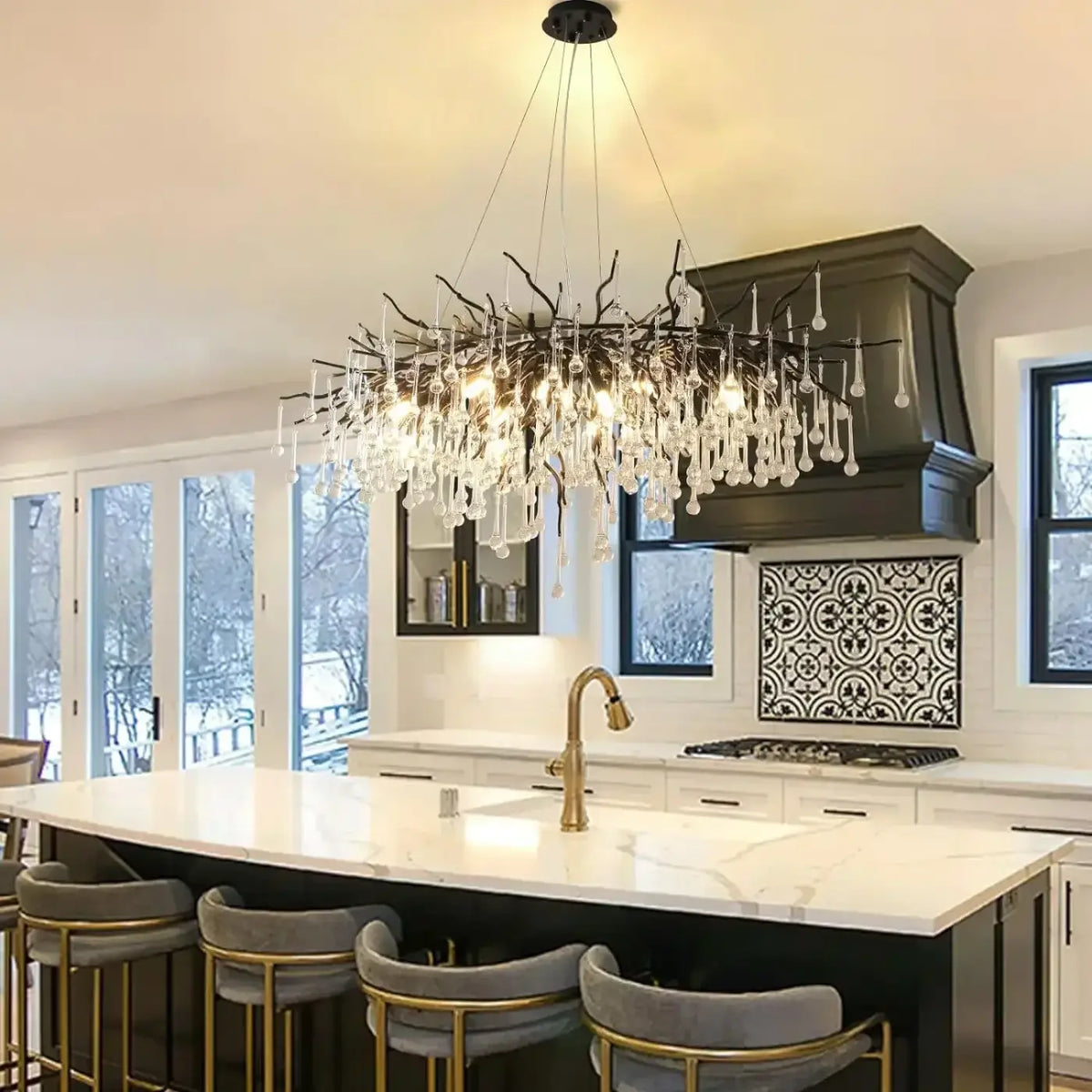 Lustre à branches noires, style moderne, blanc chaud ou froid
