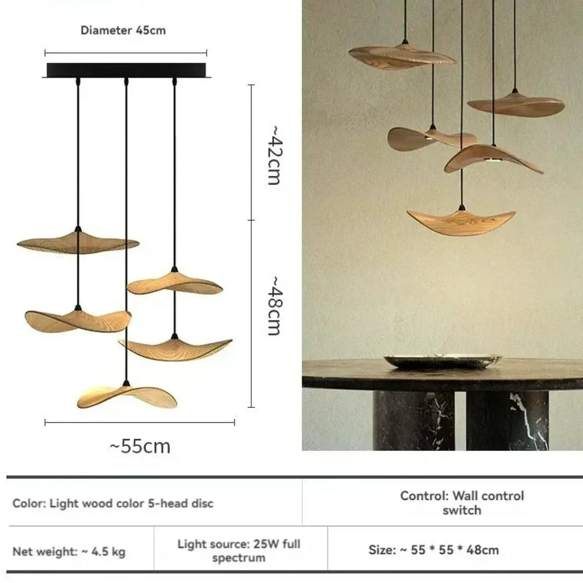 Suspension LED moderne à abat-jour en bois, quatre tailles, marron