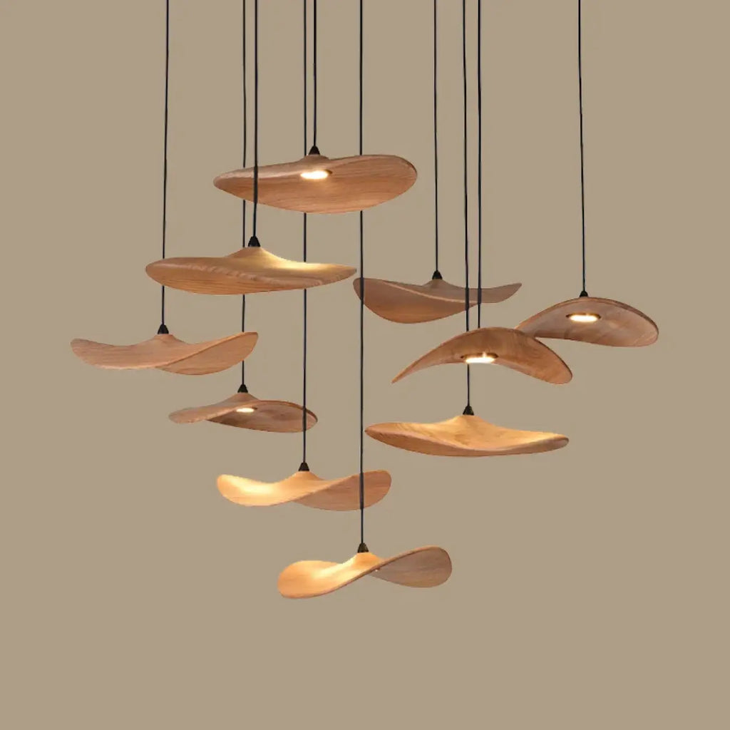 Suspension LED moderne à abat-jour en bois, quatre tailles