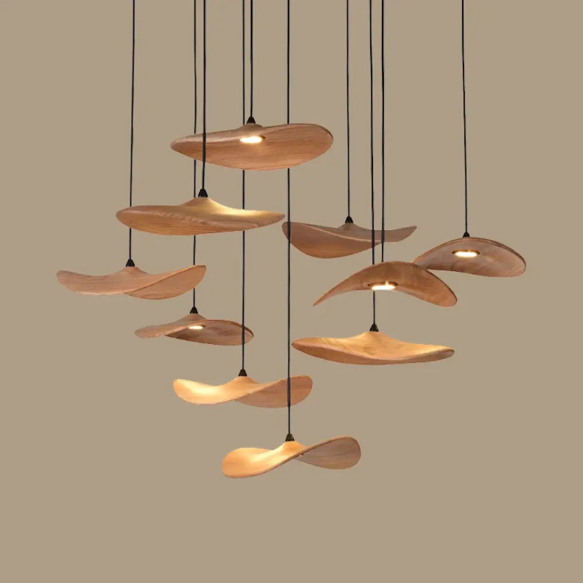 Suspension LED moderne à abat-jour en bois, quatre tailles