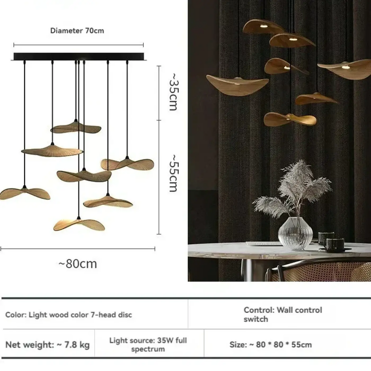 Suspension LED moderne à abat-jour en bois, quatre tailles, marron