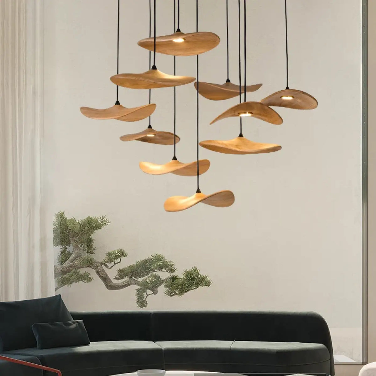 Suspension LED moderne à abat-jour en bois, quatre tailles