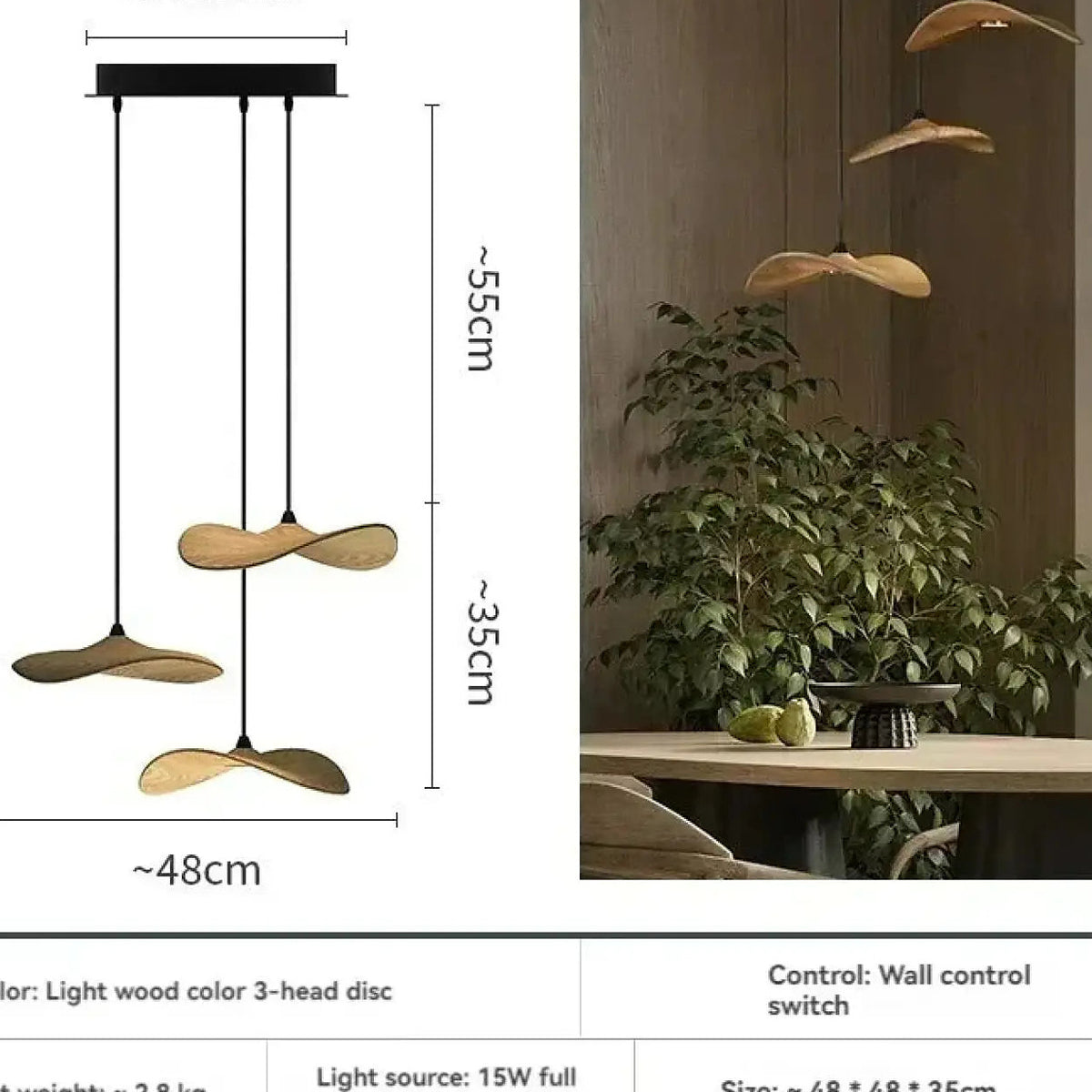 Suspension LED moderne à abat-jour en bois, quatre tailles, marron