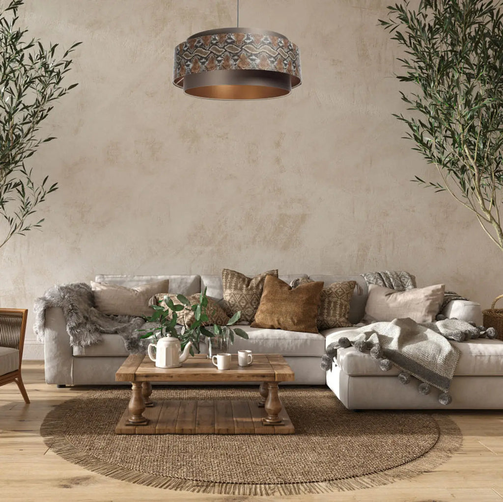 Suspension double cylindre marron à motif animalier, intérieur doré