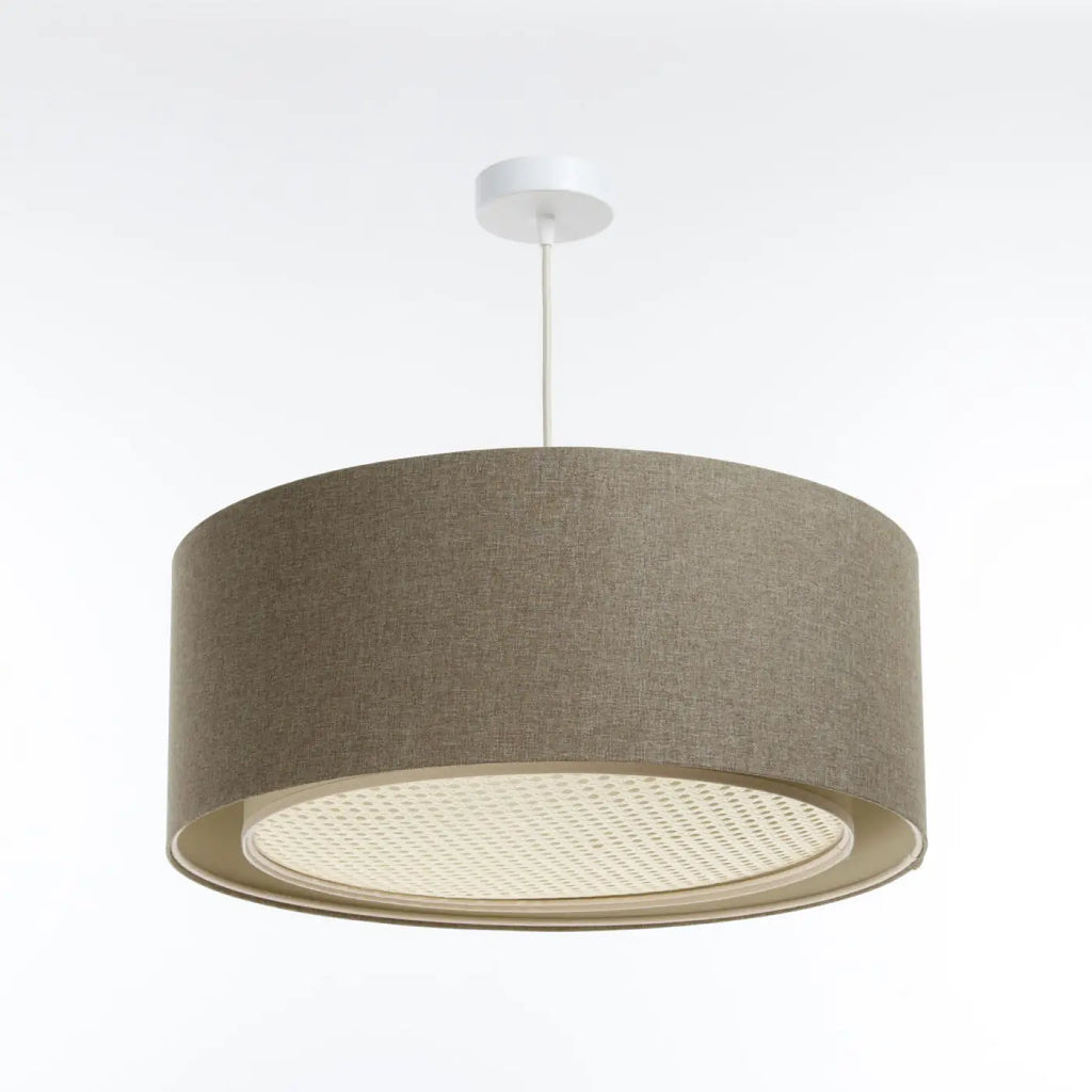 Suspension double cylindre tissu et rotin marron sable, 40 à 60 cm