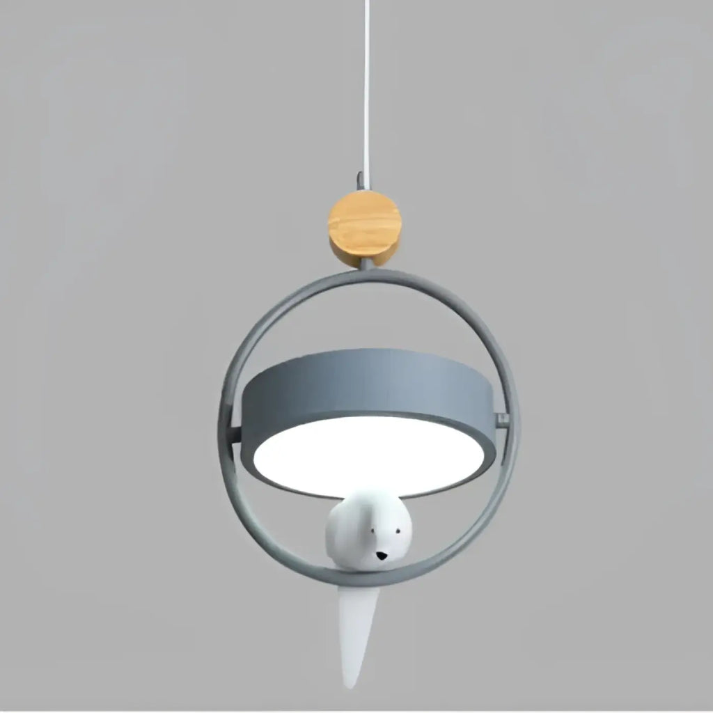 Suspension métal et bois ornée d'un oiseau, trois coloris, gris