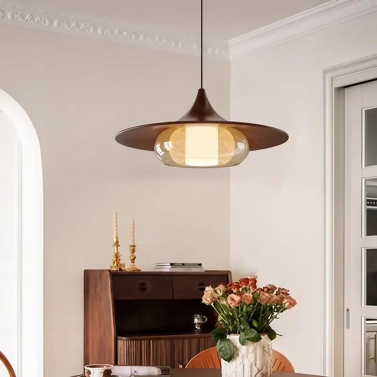 Suspension à abat-jour métal effet cuivre et diffuseur en verre