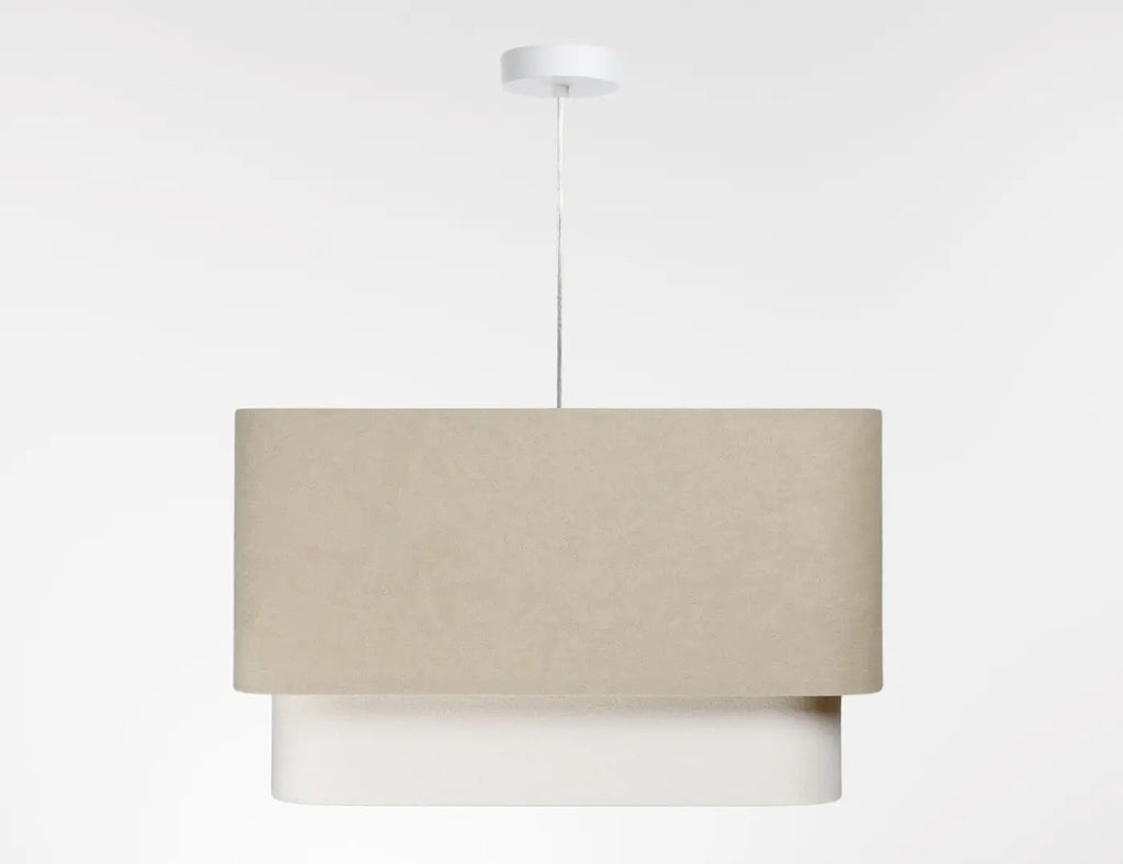 Suspension abat-jour textile beige et blanc, lignes simples