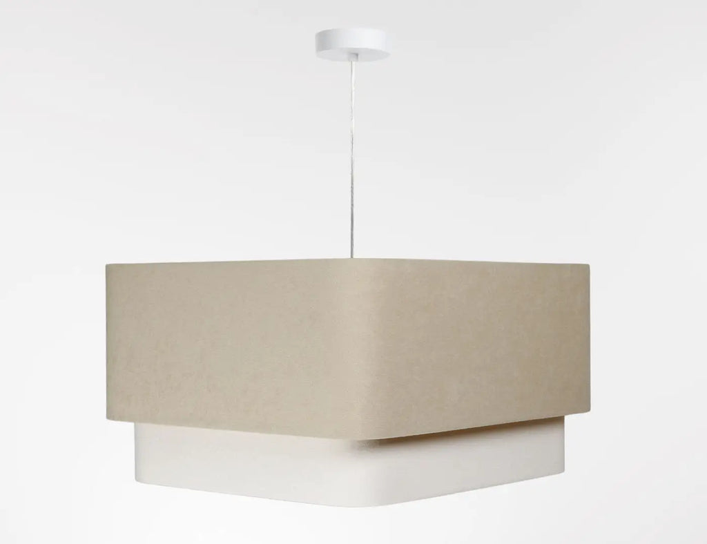 Suspension abat-jour textile beige et blanc, lignes simples