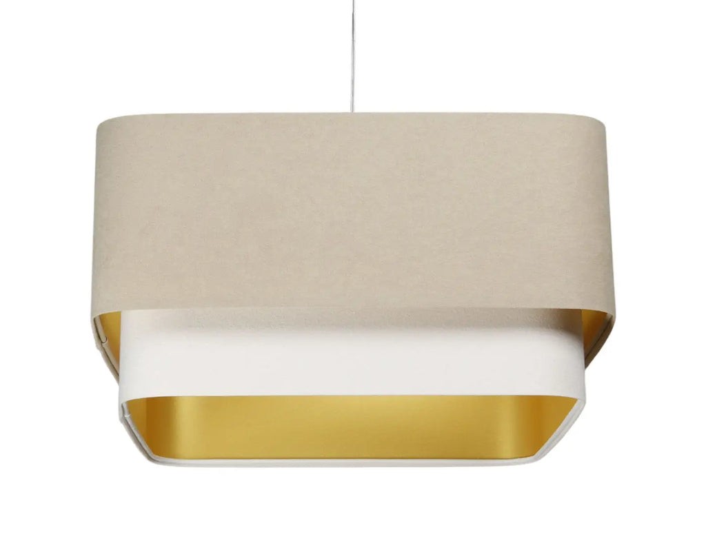 Suspension abat-jour textile beige et blanc, lignes simples