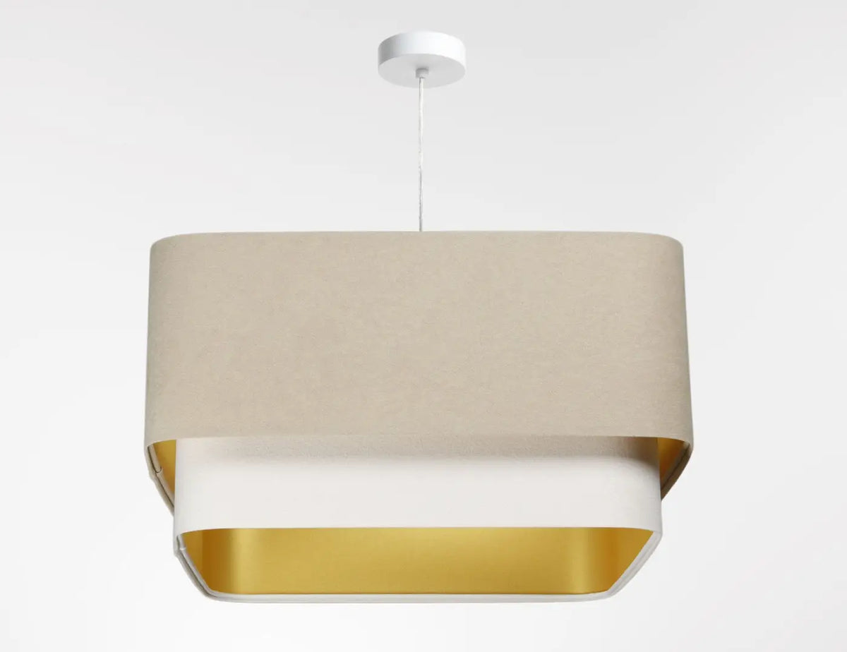 Suspension abat-jour textile beige et blanc, lignes simples