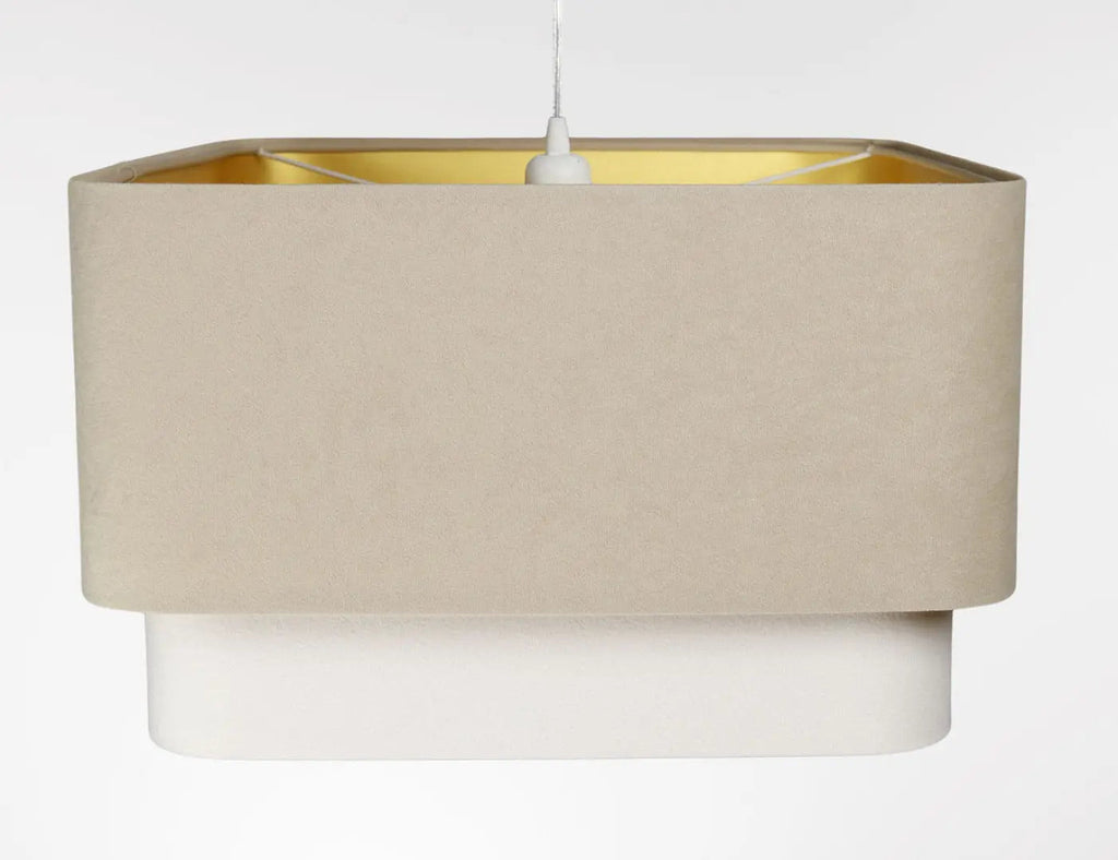 Suspension abat-jour textile beige et blanc, lignes simples