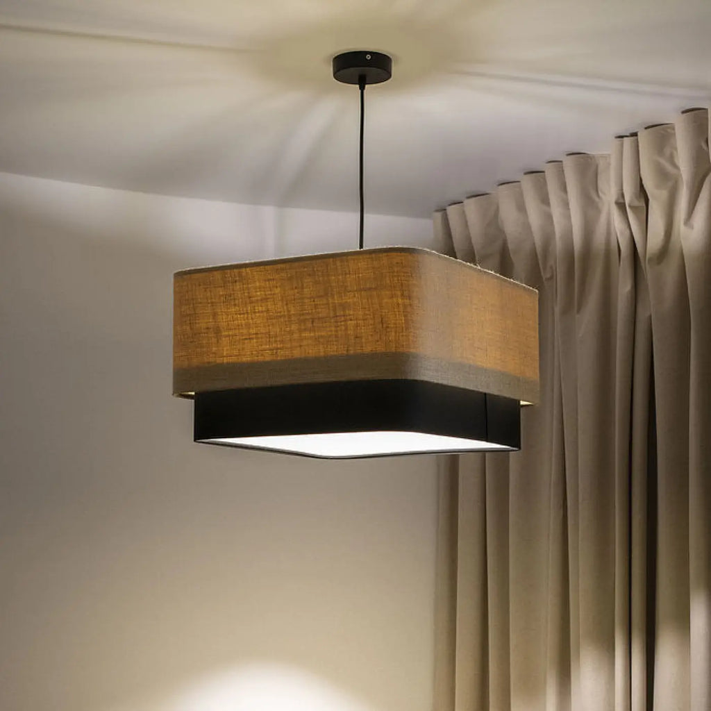 Suspension moderne à abat-jour textile beige et noir