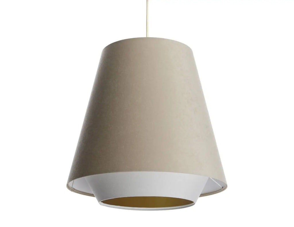 Suspension conique en tissu beige, blanc et doré